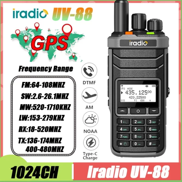 Iradio UV-88 GPS Portable Transceiver Shortwave UV88 Radio Type-C Charging 18-520mhz Receiving NOAA 1024 Channel Frequency Channel Scan